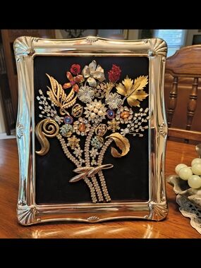 Vintage Costume Jewelry Art Framed Floral Bouquet OOAK